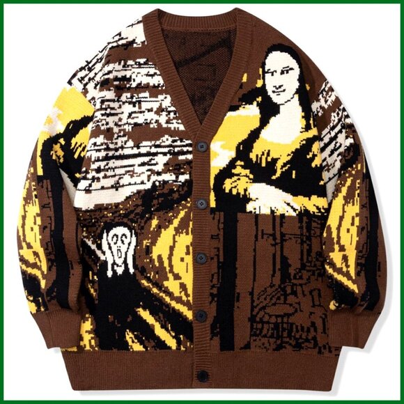 Sweaters - Vintage Art Print Cardigan Oversized Loose Fit V-Neck Button Sweater Jacket